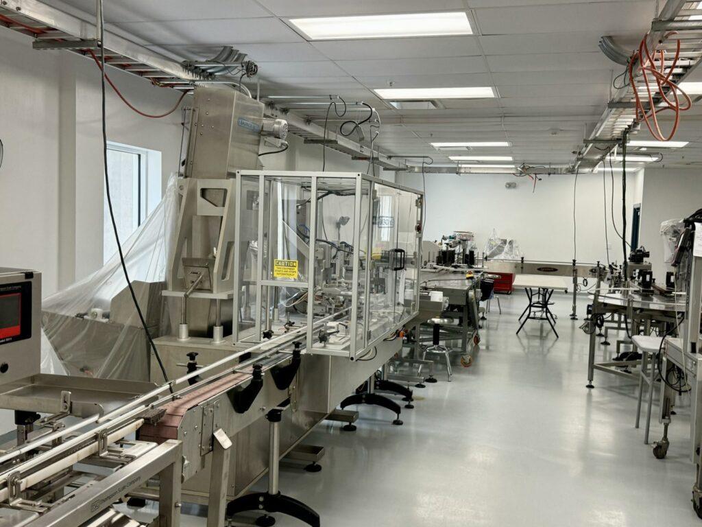 A bottling and labelling line between runs